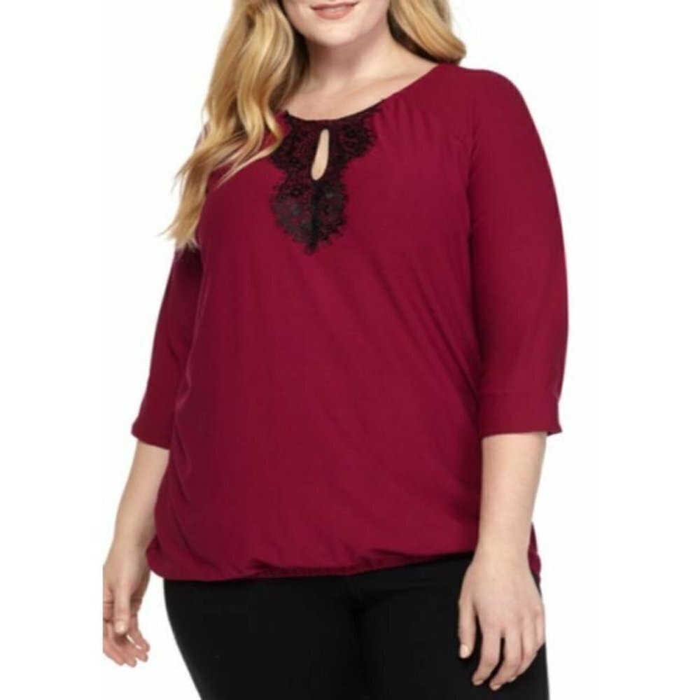 𝅺new Directions Red Lace Bib Round Neck 3/4 Sleeve Blouse Plus Size XL / 0X NWT